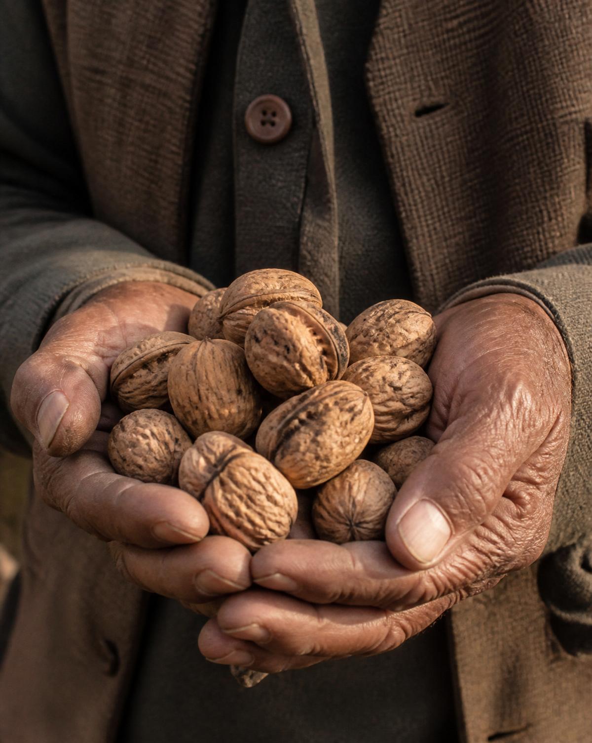 Weathered Kashmiri farmer hands holding walnuts