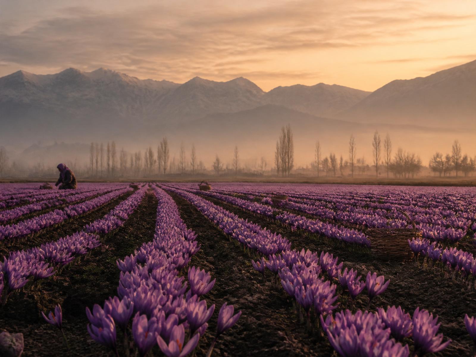 Saffron crocus field in Pampore, Kashmir at dawn